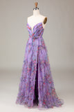 Dusty Rose A-Line Strapless Tiered Floor Length Tulle Prom Dress with Slit