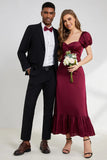 Burgundy Sheath Square Neck Tea-Length Satin Bridesmaid Dress with Ruffles