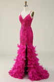 Sparkly Fuchsia Mermaid Long Sequin Prom Dress with Feathers
