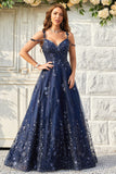 Sparkly Navy A-Line Cold Shoulder Sequin Long Prom Dress With Appliques