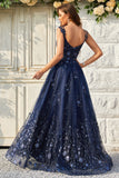 Sparkly Navy A-Line Cold Shoulder Sequin Long Prom Dress With Appliques
