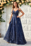 Sparkly Navy A-Line Cold Shoulder Sequin Long Prom Dress With Appliques