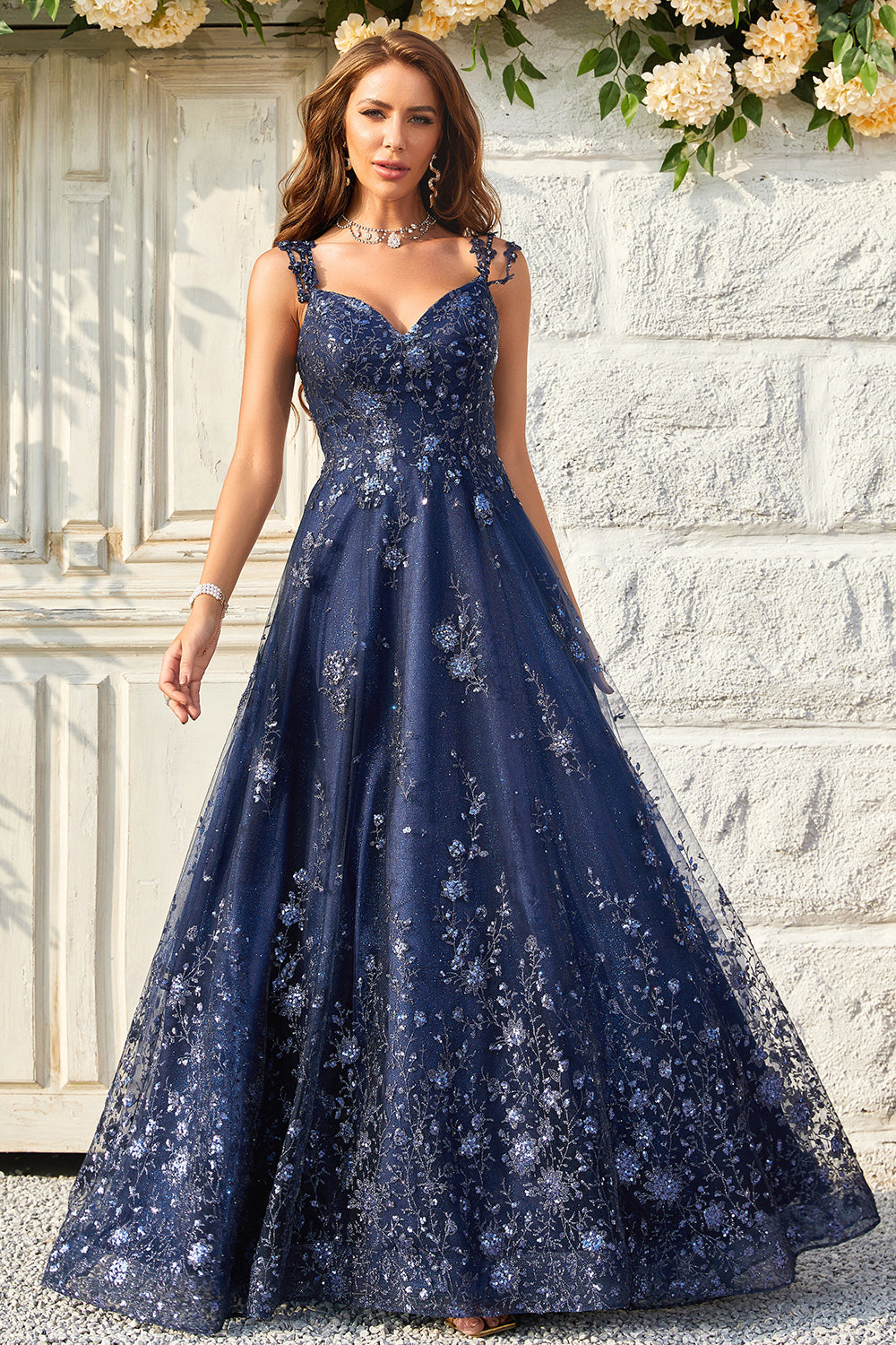 WEDTREND Women Sparkly Navy Long Prom Dress With Appliques A-Line Cold Shoulder Sequin Evening Dress WEDTREND Women Sparkly Navy Long Prom Dress With Appliques A-Line Cold Shoulder Sequin Evening Dress