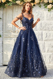 Sparkly Navy A-Line Cold Shoulder Sequin Long Prom Dress With Appliques