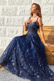 Sparkly Navy A-Line Cold Shoulder Sequin Long Prom Dress With Appliques