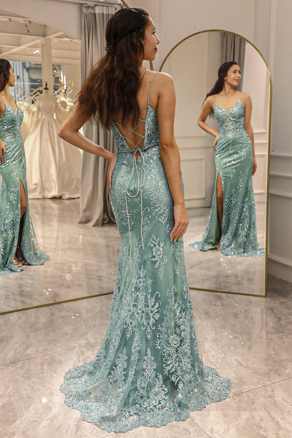 Wedtrend Women Green Long Prom Dress Mermaid Spaghetti Straps Formal Party Dress with Split Front, Green / US14 Wedtrend Women Green Long Prom Dress Mermaid Spaghetti Straps Formal Party Dress with Split Front, Green / US14