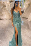 Green Mermaid Spaghetti Straps Long Prom Dress with Split Front