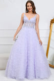 Purple A Line V Neck Floor Length Prom Dress with 3D Flowers
