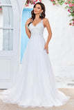 Ivory A Line Spaghetti Straps V-Neck Tulle Sweep Train Wedding Dress with Lace