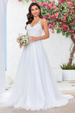 Ivory A Line Spaghetti Straps V-Neck Tulle Sweep Train Wedding Dress with Lace