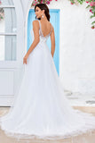 Ivory A Line V-Neck Tulle Sweep Train Wedding Dress with Lace