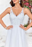 Ivory A Line Spaghetti Straps V-Neck Tulle Sweep Train Wedding Dress with Lace