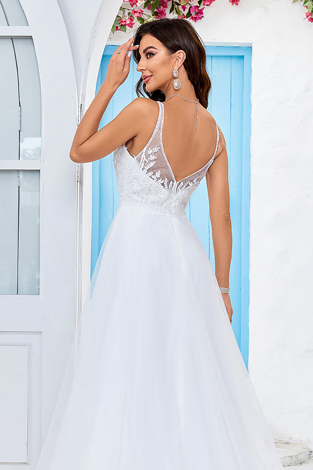 Ivory A Line Spaghetti Straps V-Neck Tulle Sweep Train Wedding Dress with Lace
