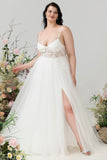 Ivory A Line Spaghetti Straps Lace & Tulle Floor-Length Dress with Slit