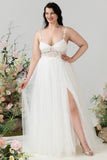 Ivory A Line Spaghetti Straps Lace & Tulle Floor-Length Dress with Slit