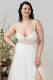 Ivory A Line Spaghetti Straps Lace & Tulle Floor-Length Dress with Slit