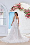 Ivory A Line Tulle Sweep Train Wedding Dress with Lace