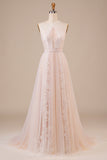 A Line Halter Sweep Train Tulle Wedding Dress with Lace