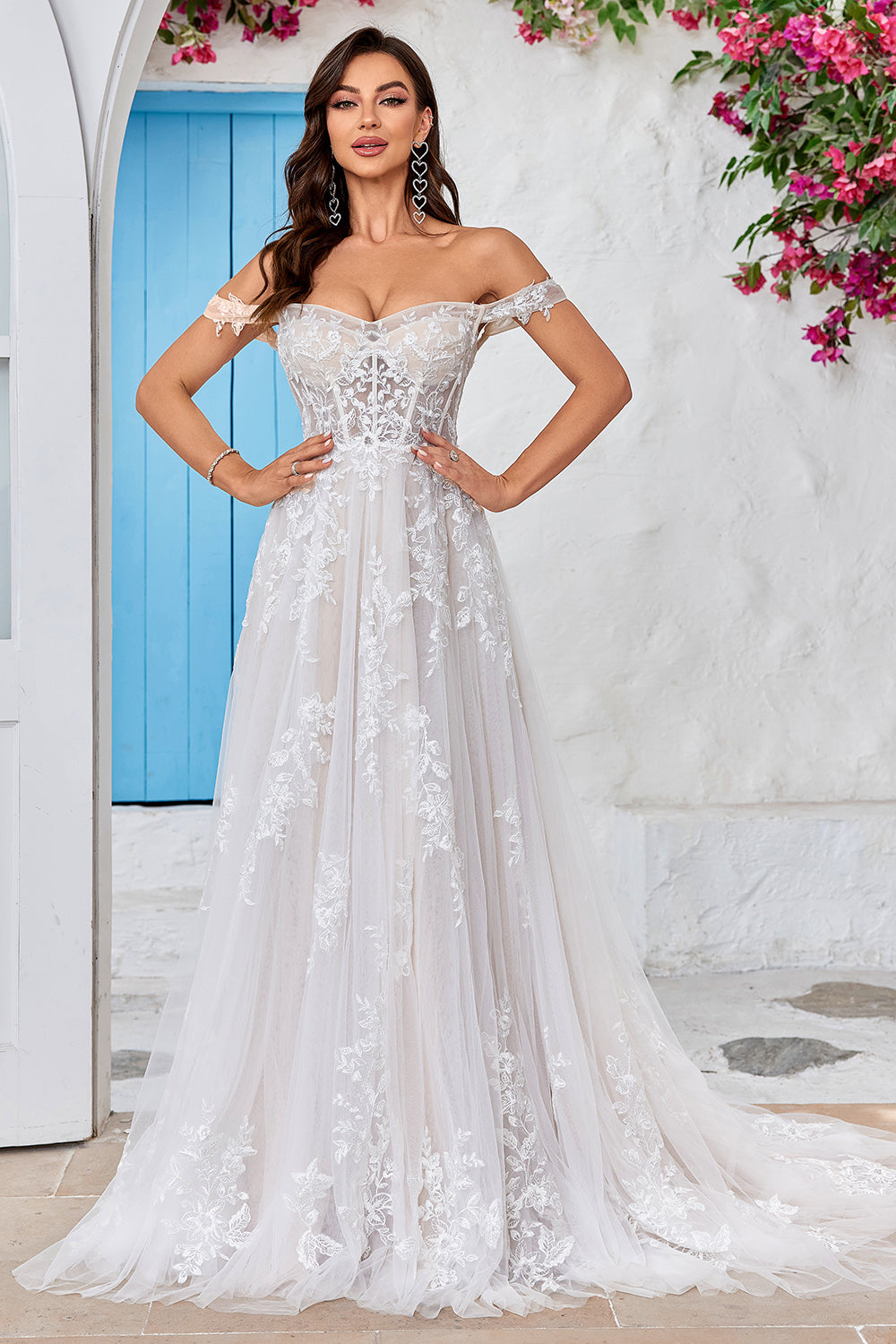 Ivory A Line Detachable Off the Shoulder Corset Tulle Wedding Dress With Lace
