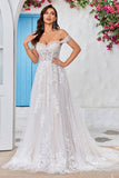 Ivory A Line Detachable Off the Shoulder Corset Tulle Wedding Dress With Lace