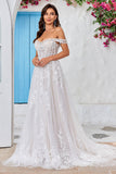 Ivory A Line Detachable Off the Shoulder Corset Tulle Wedding Dress With Lace