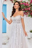 Ivory A Line Detachable Off the Shoulder Corset Tulle Wedding Dress With Lace