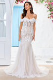 Ivory Mermaid Off the Shoulder Sweep Train Corset Wedding Dress With Lace