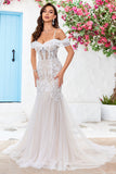 Ivory Mermaid Off the Shoulder Sweep Train Corset Wedding Dress With Lace