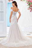 Ivory Mermaid Off the Shoulder Sweep Train Corset Wedding Dress With Lace