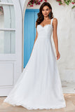 Ivory A Line Scoop Neck Chiffon Boho Wedding Dress with Lace