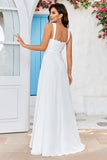 Ivory A Line Scoop Neck Chiffon Boho Wedding Dress with Lace