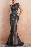 Luxurious Champagne Mermaid Jewel Neck Prom Dress with Beading