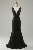 Black Mermaid Deep V Neck Lace Long Party Dress with Beading