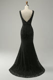 Black Mermaid Deep V Neck Lace Long Party Dress with Beading