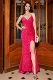 Sparkly Fuchsia Mermaid Spaghetti Straps V-Neck Sequin Long Prom Dress With Split