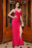 Sparkly Fuchsia Mermaid Spaghetti Straps V-Neck Sequin Long Prom Dress With Split