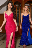 Sparkly Fuchsia Mermaid Spaghetti Straps V-Neck Sequin Long Prom Dress With Split