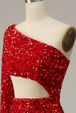 Red Mermaid One Shoulder Sequins Cut Out Prom Dress with Slit Front