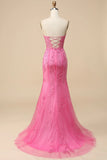Pink Mermaid Sweetheart Lace Corset Long Prom Dress with Slit