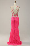 Hot Pink Mermaid Spaghetti Straps Sequined Long Prom Dress