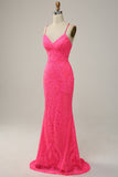 Hot Pink Mermaid Spaghetti Straps Sequined Long Prom Dress