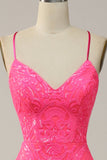 Hot Pink Mermaid Spaghetti Straps Sequined Long Prom Dress