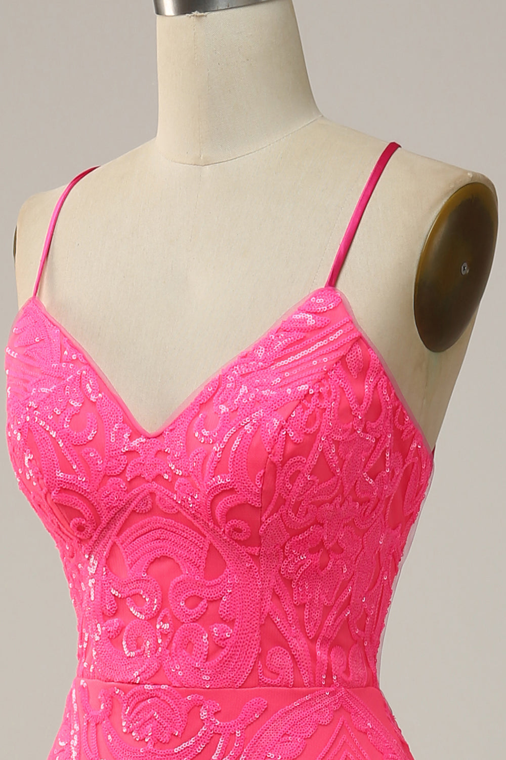 Hot Pink Mermaid Spaghetti Straps Sequined Long Prom Dress