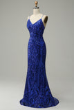 Royal Blue Mermaid Spaghetti Straps Sequins Long Prom Dress with Criss Cross Back