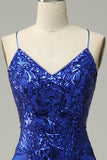 Royal Blue Mermaid Spaghetti Straps Sequins Long Prom Dress with Criss Cross Back