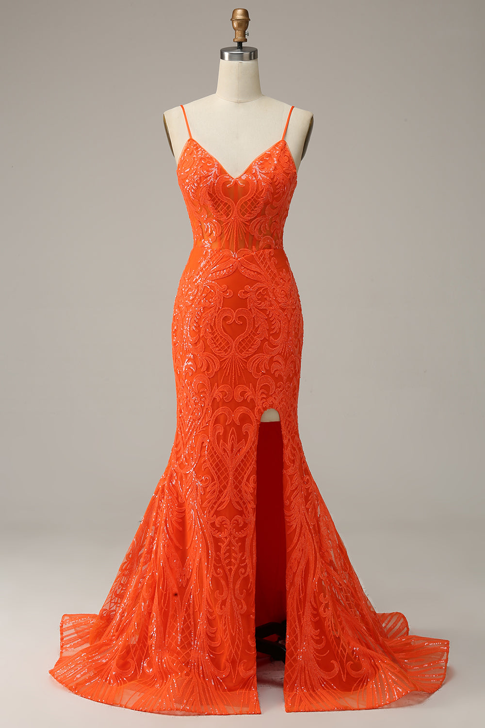 Orange Mermaid Spaghetti Straps Long Prom Dress with Slit Front