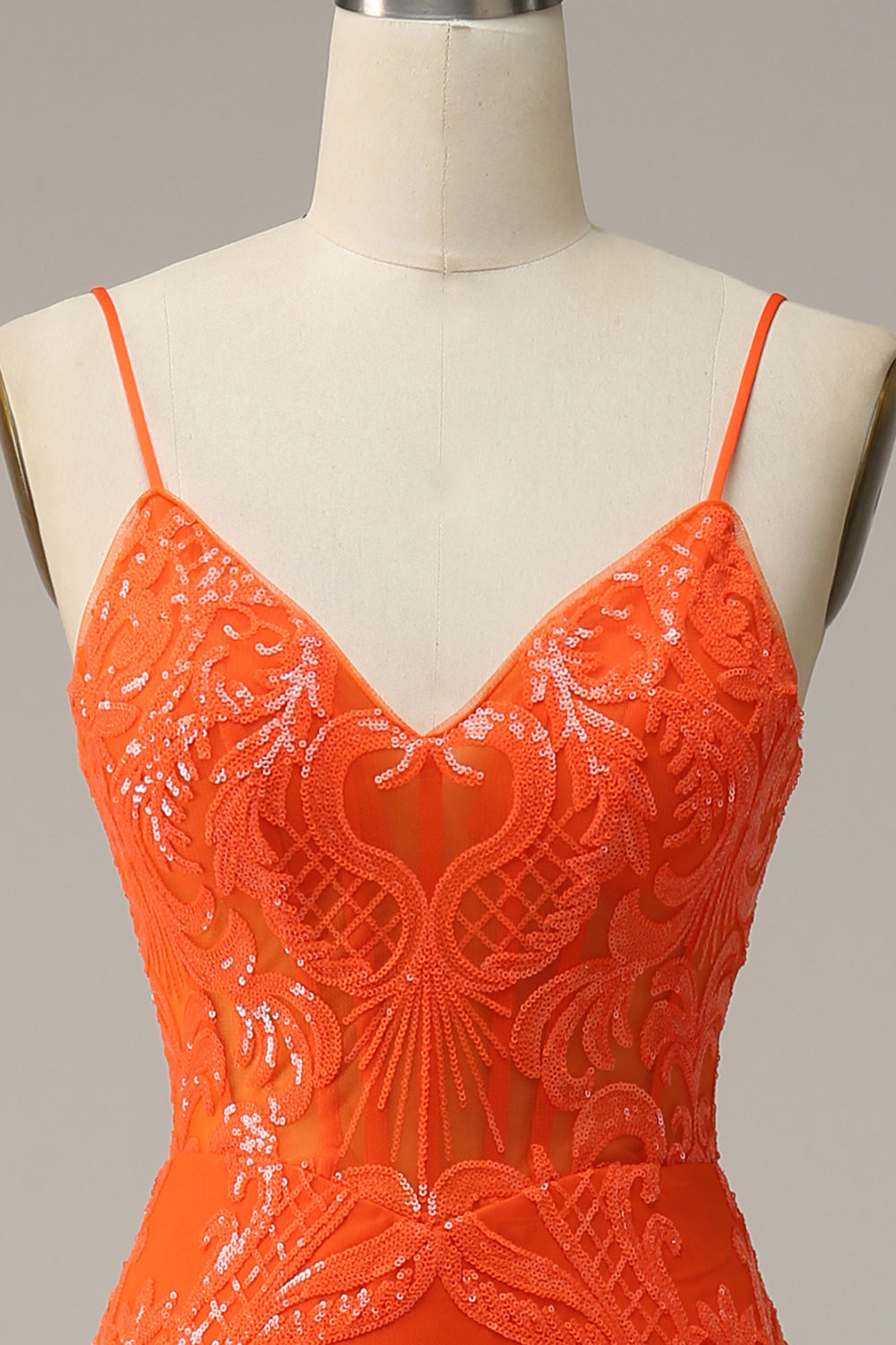 Orange Mermaid Spaghetti Straps Long Prom Dress with Slit Front