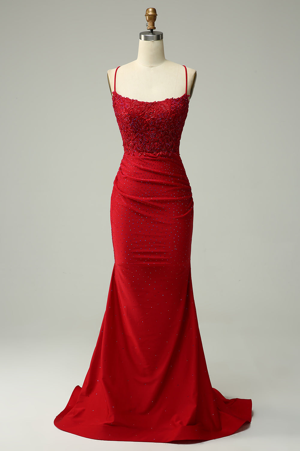 Dark Red Mermaid Halter Beaded Prom Dress with Appliques