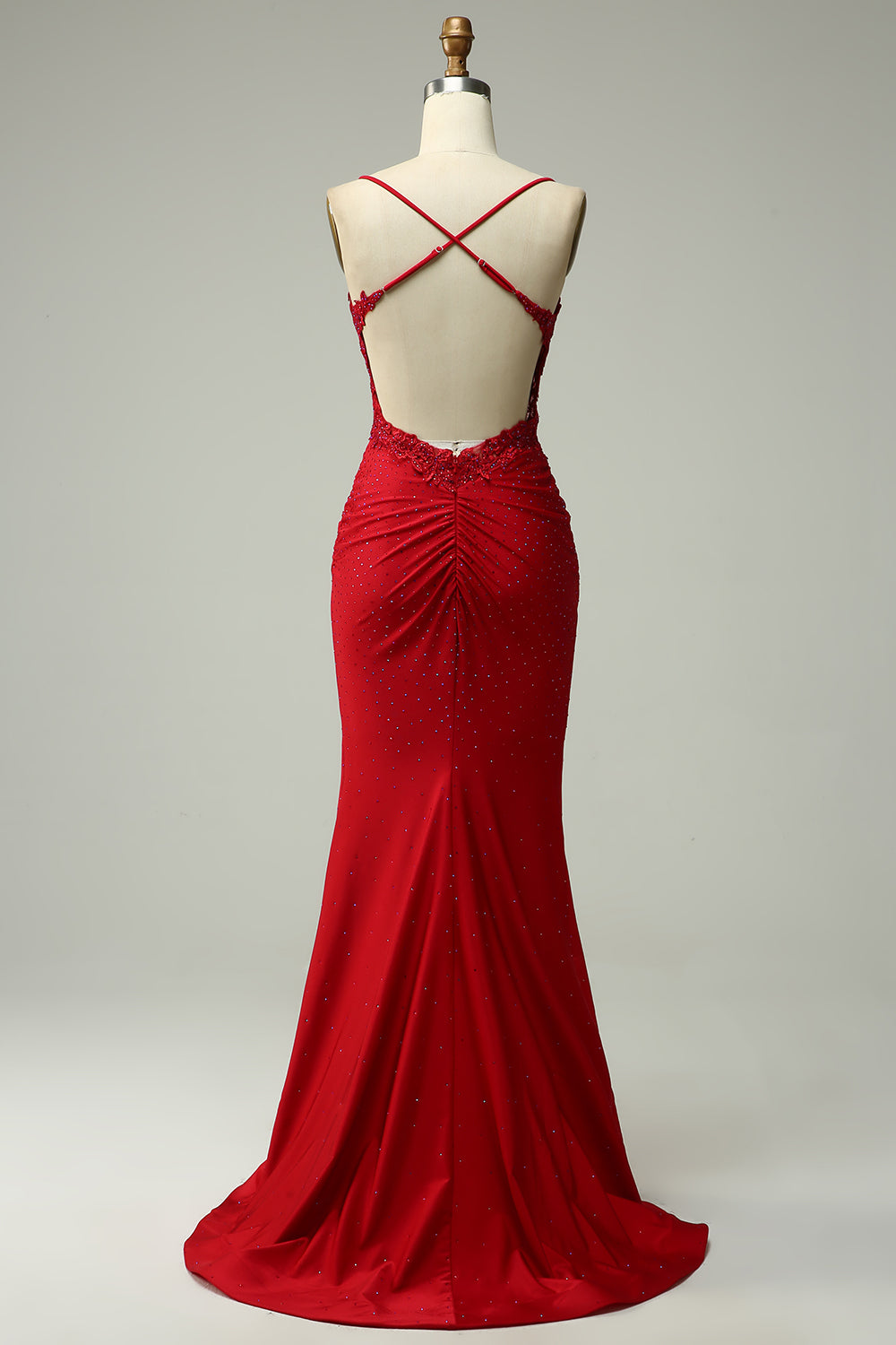 Vampal Red Halter Neck Sleeveless Beaded Two Piece Prom Dress with Split