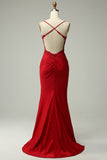 Dark Red Mermaid Halter Beaded Prom Dress with Appliques